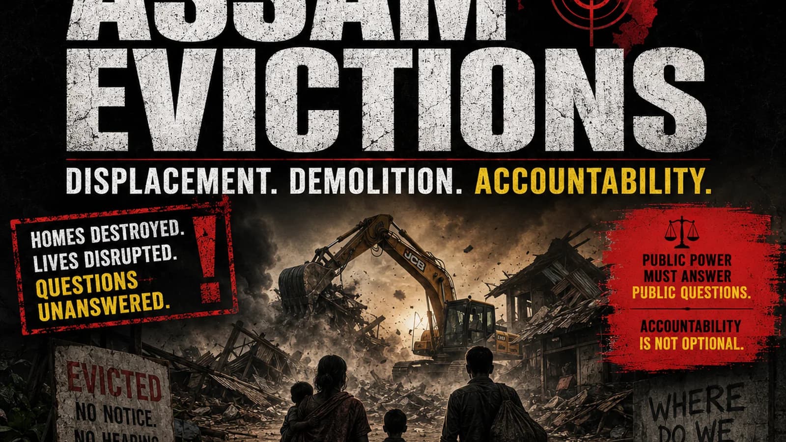 CWI India Unanswered Files visual on Assam evictions, displacement, and public accountability.