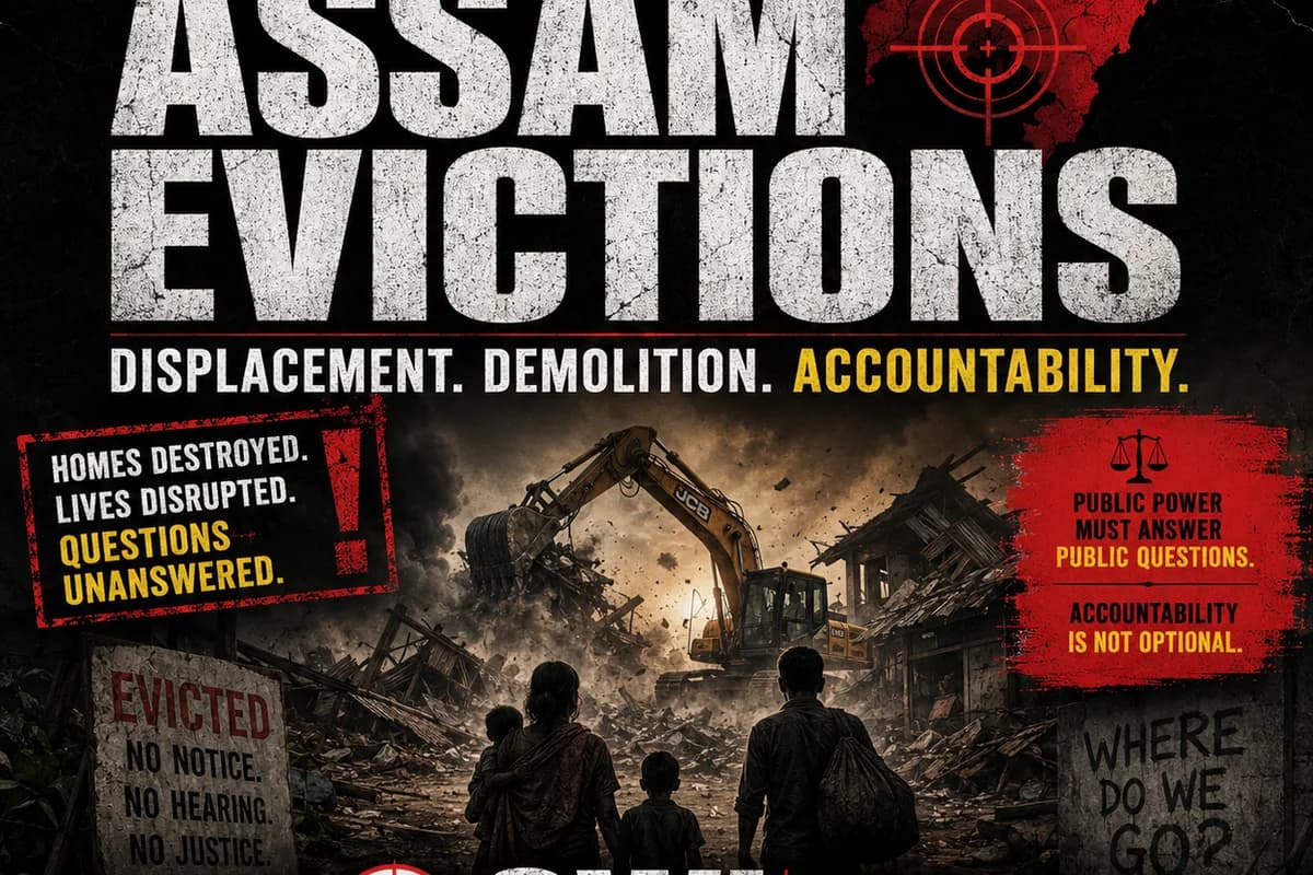 CWI India Unanswered Files visual on Assam evictions, displacement, and public accountability.