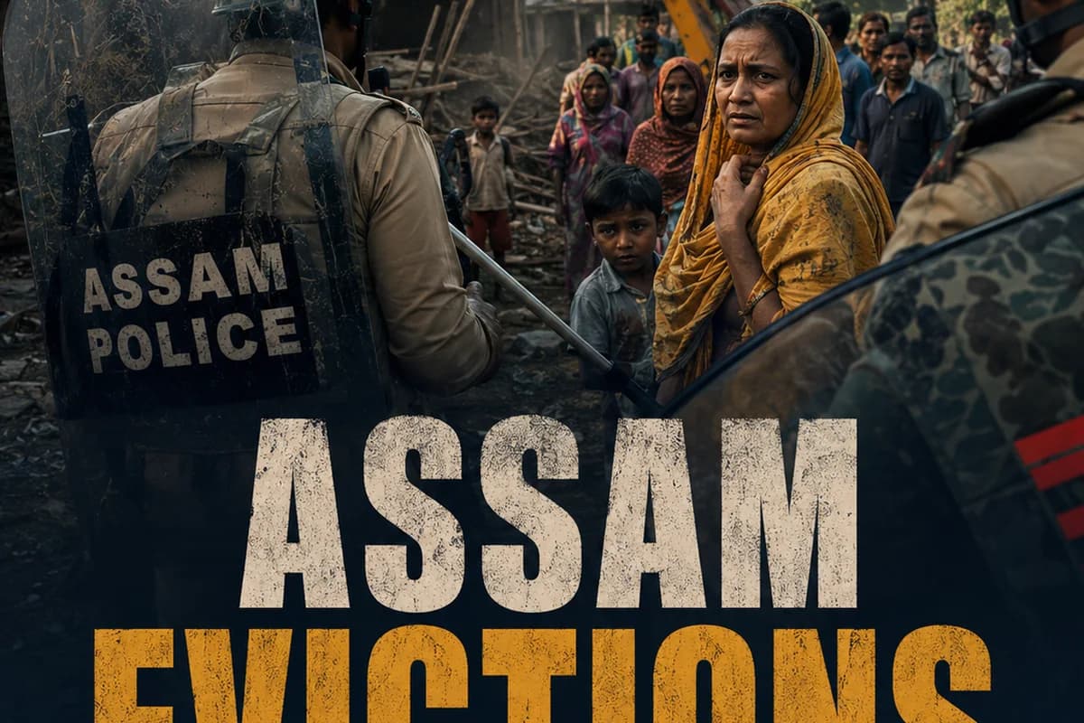 CWI India Unanswered Files visual on Assam evictions, displacement, and public accountability.