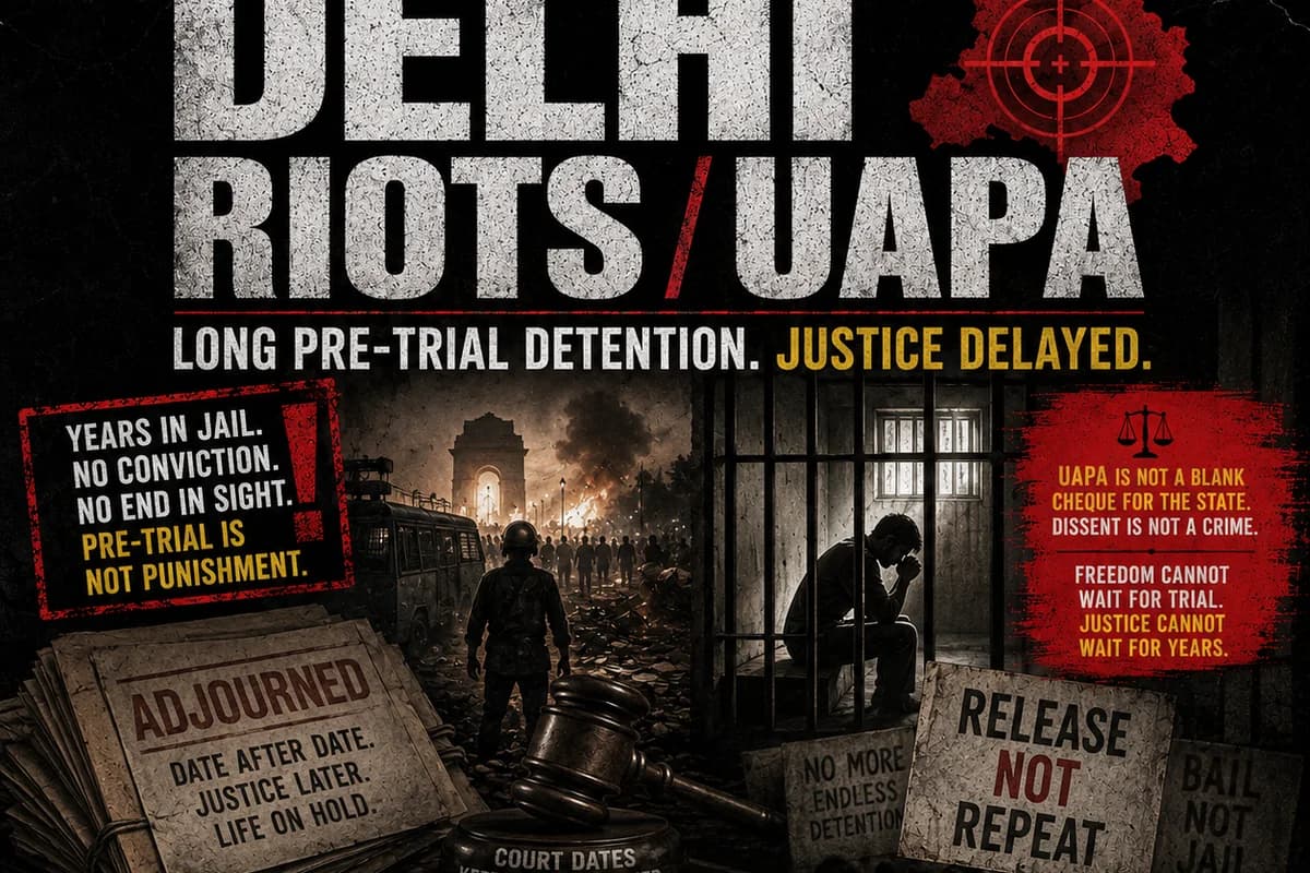 CWI India Unanswered Files visual on Delhi riots, UAPA pre-trial detention, civil liberties, and delayed justice.