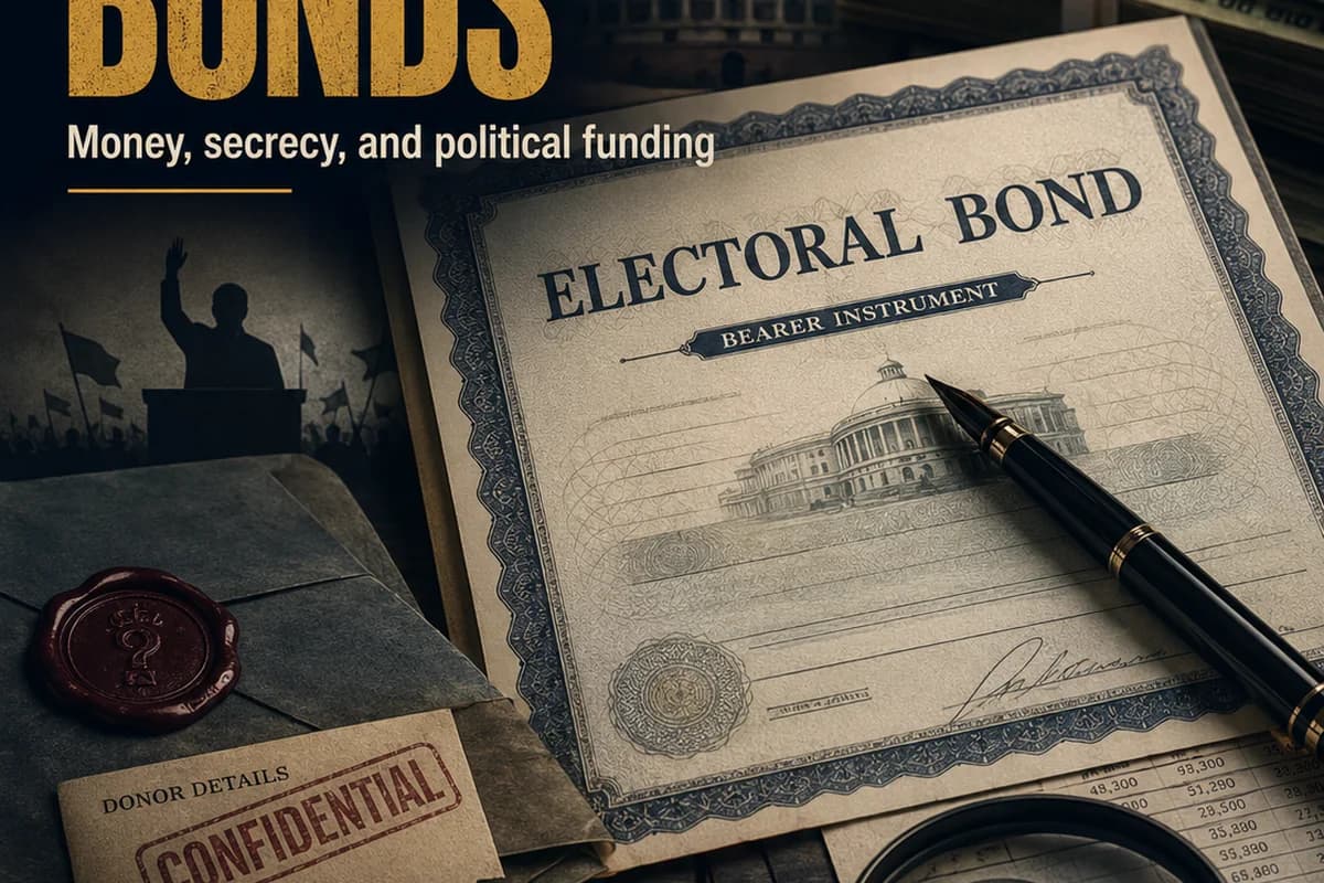 CWI India Unanswered Files visual on electoral bonds, political funding transparency, and unanswered donor questions.