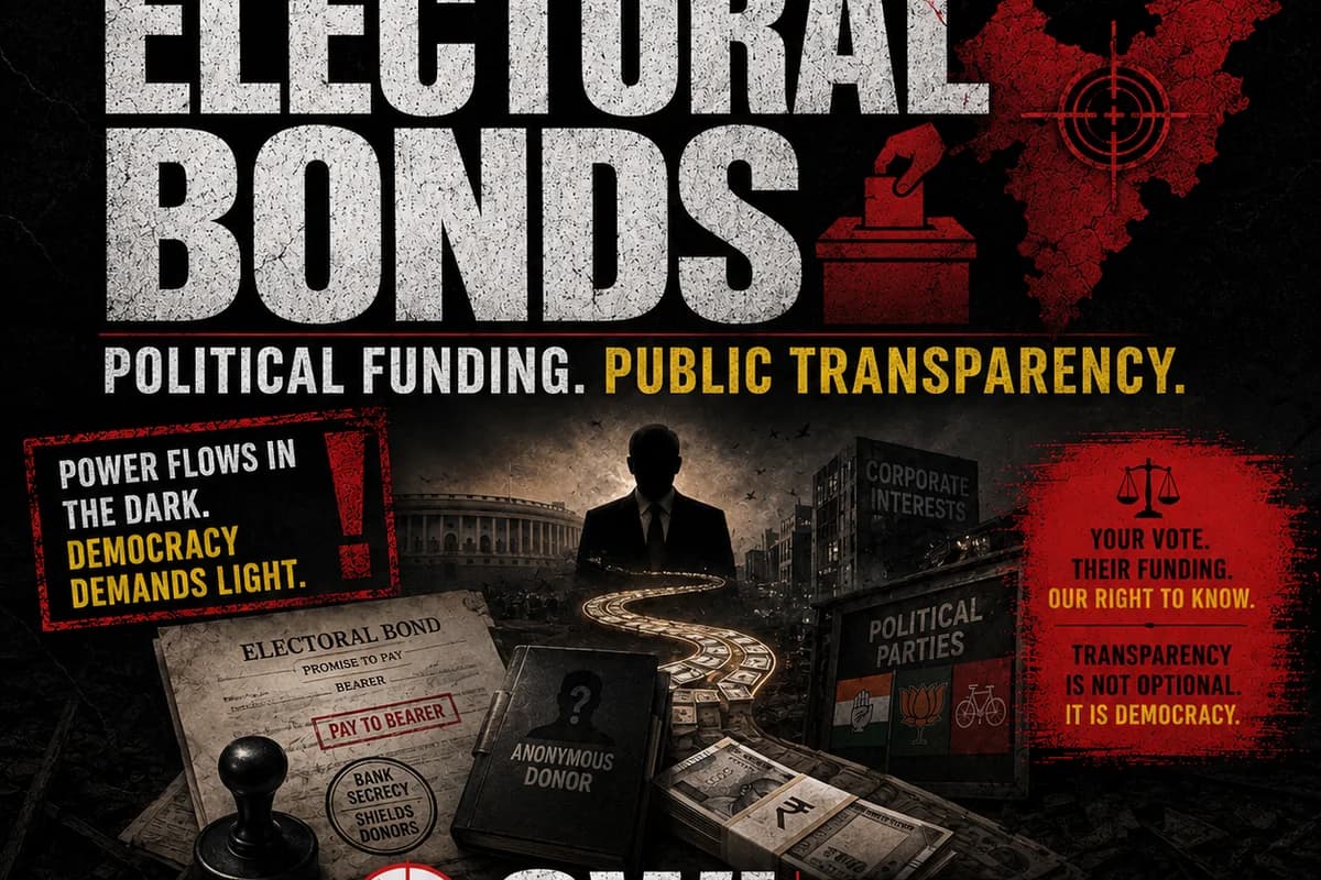 CWI India Unanswered Files visual on electoral bonds, political funding transparency, and unanswered donor questions.