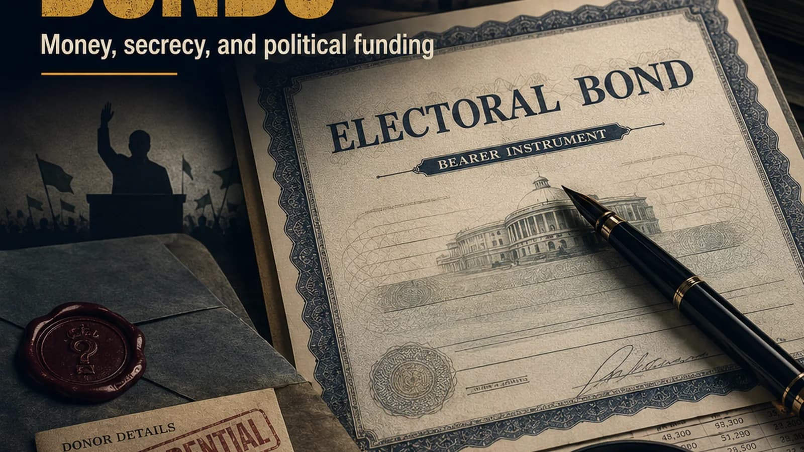 CWI India Unanswered Files visual on electoral bonds, political funding transparency, and unanswered donor questions.