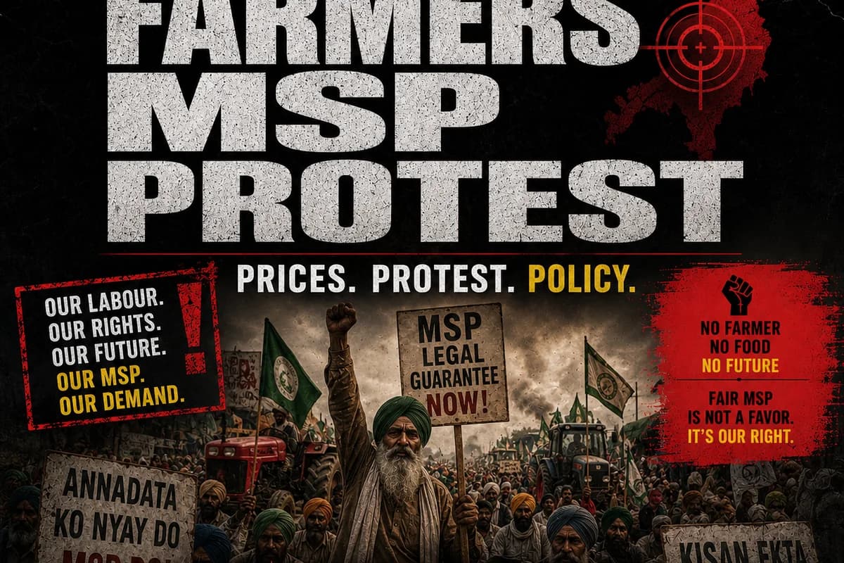 CWI India Unanswered Files visual on farmers MSP protest, policy demands, and public accountability.