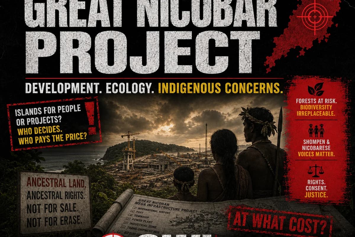 CWI India Unanswered Files visual on the Great Nicobar project, Shompen and Nicobarese concerns, ecology, and development questions.