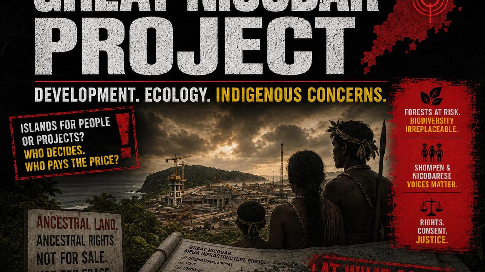 CWI India Unanswered Files visual on the Great Nicobar project, Shompen and Nicobarese concerns, ecology, and development questions.