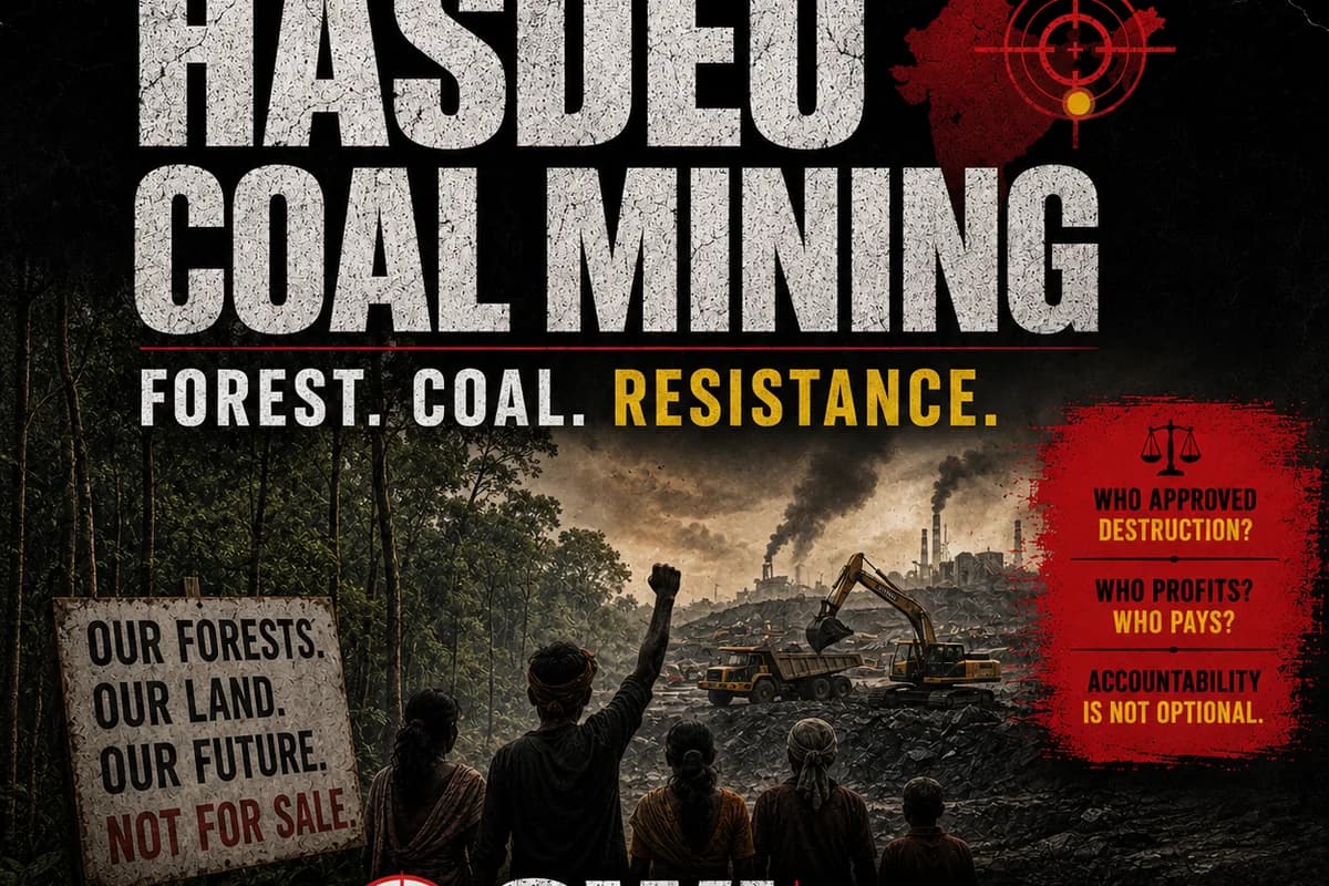 CWI India Unanswered Files visual on Hasdeo coal mining, forest protection, Adivasi resistance, and public accountability.