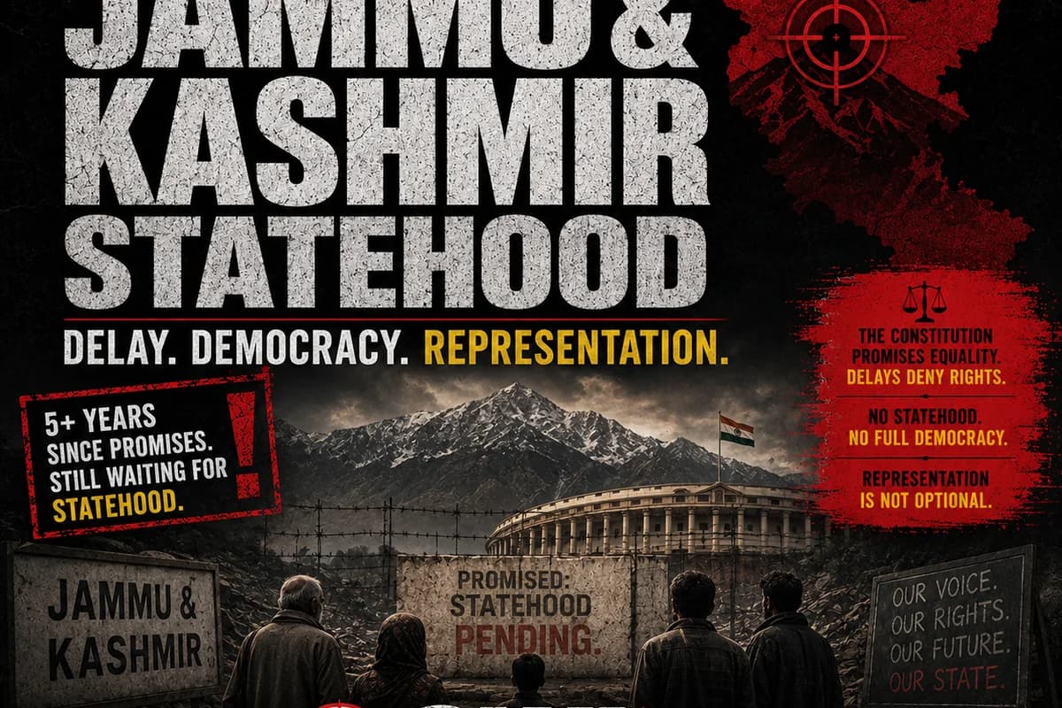 CWI India Unanswered Files visual on Jammu and Kashmir statehood delay, representation, and democratic accountability.