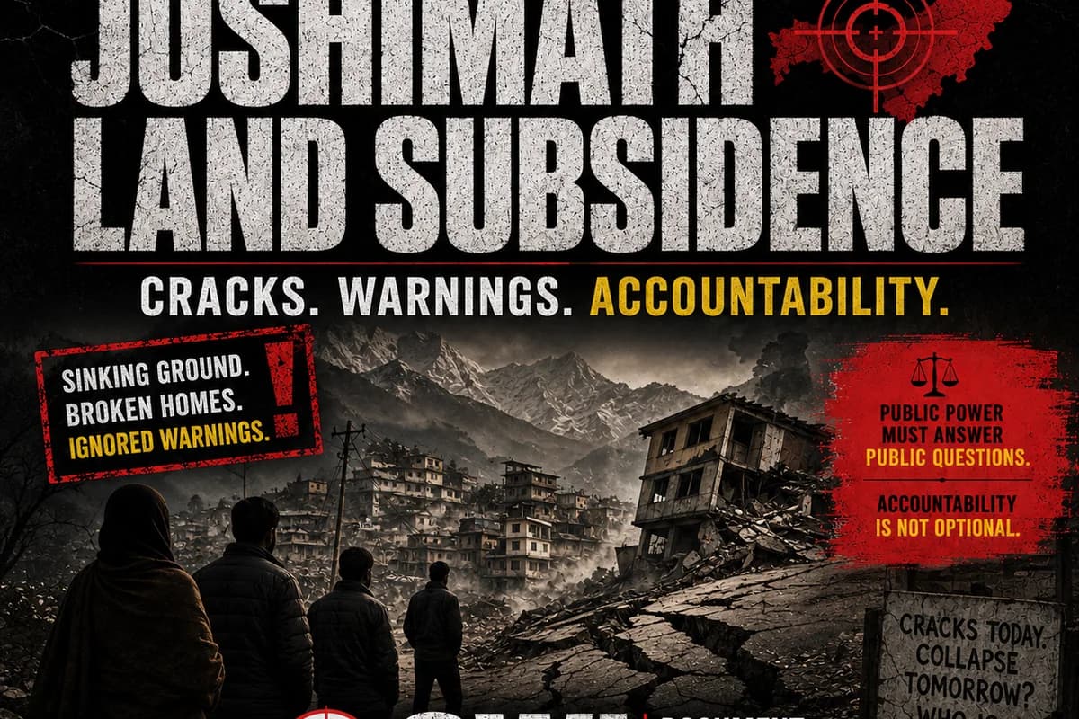 CWI India Unanswered Files visual on Joshimath land subsidence, cracked homes, Himalayan risk, and ignored warnings.