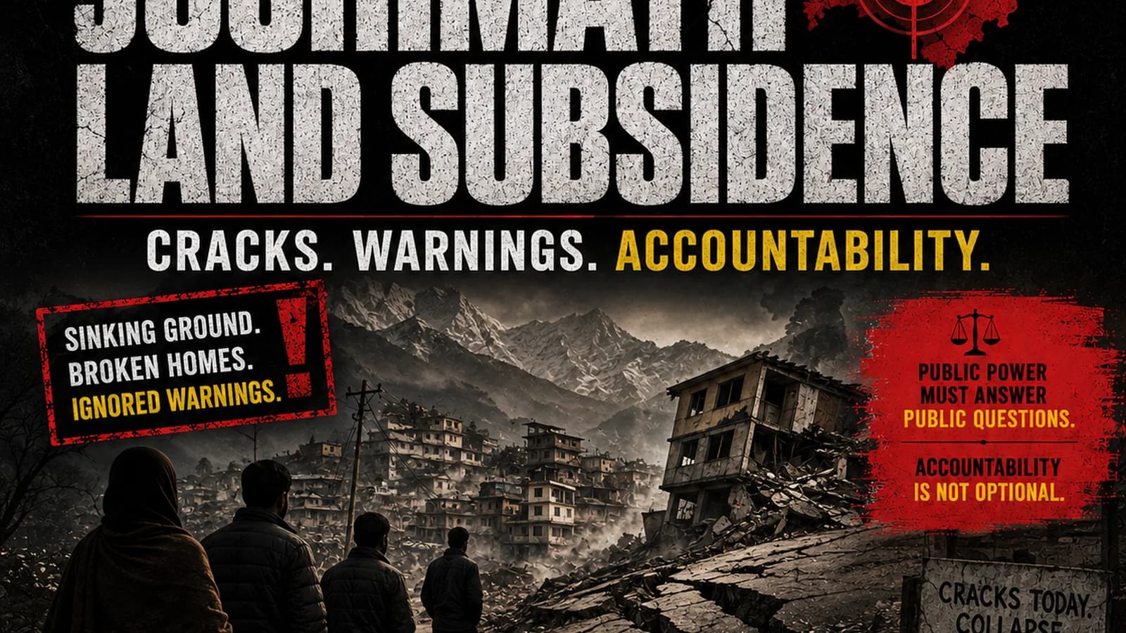 CWI India Unanswered Files visual on Joshimath land subsidence, cracked homes, Himalayan risk, and ignored warnings.