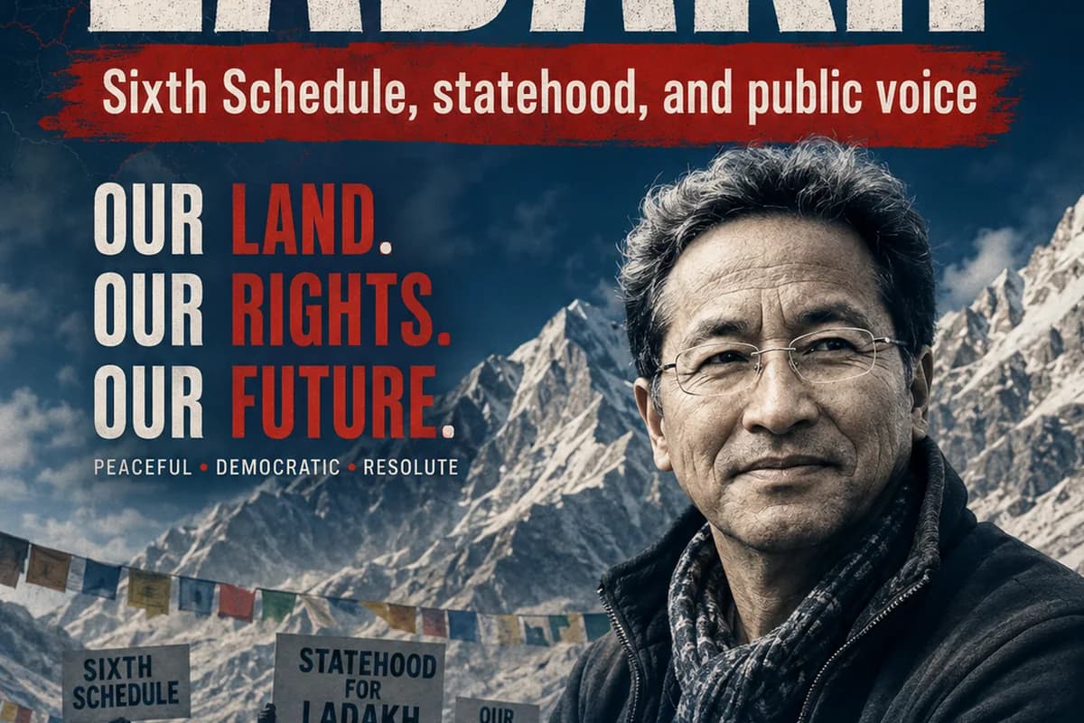 CWI India Unanswered Files visual on Ladakh Sixth Schedule, statehood, Sonam Wangchuk, and public voice.