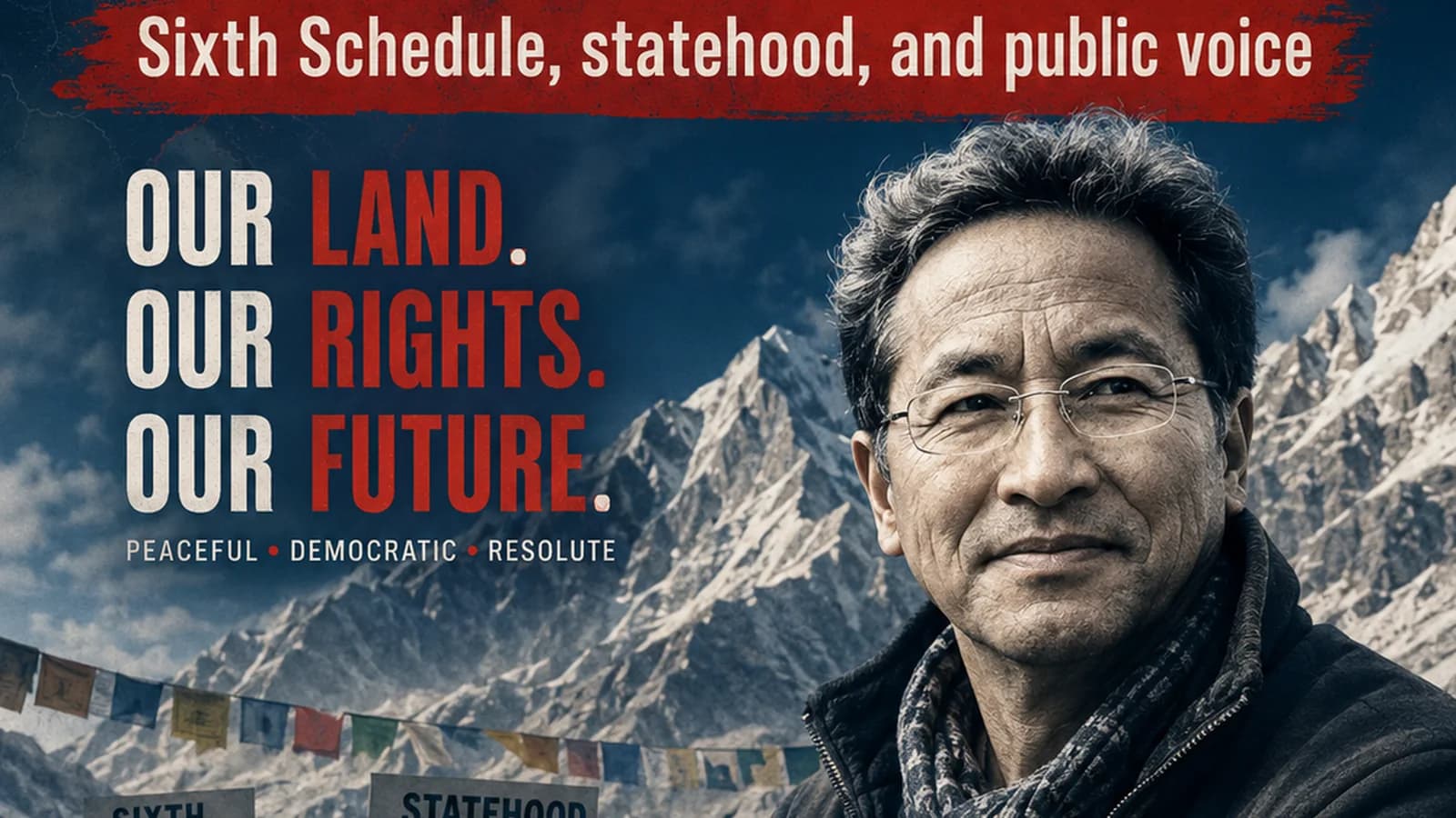 CWI India Unanswered Files visual on Ladakh Sixth Schedule, statehood, Sonam Wangchuk, and public voice.