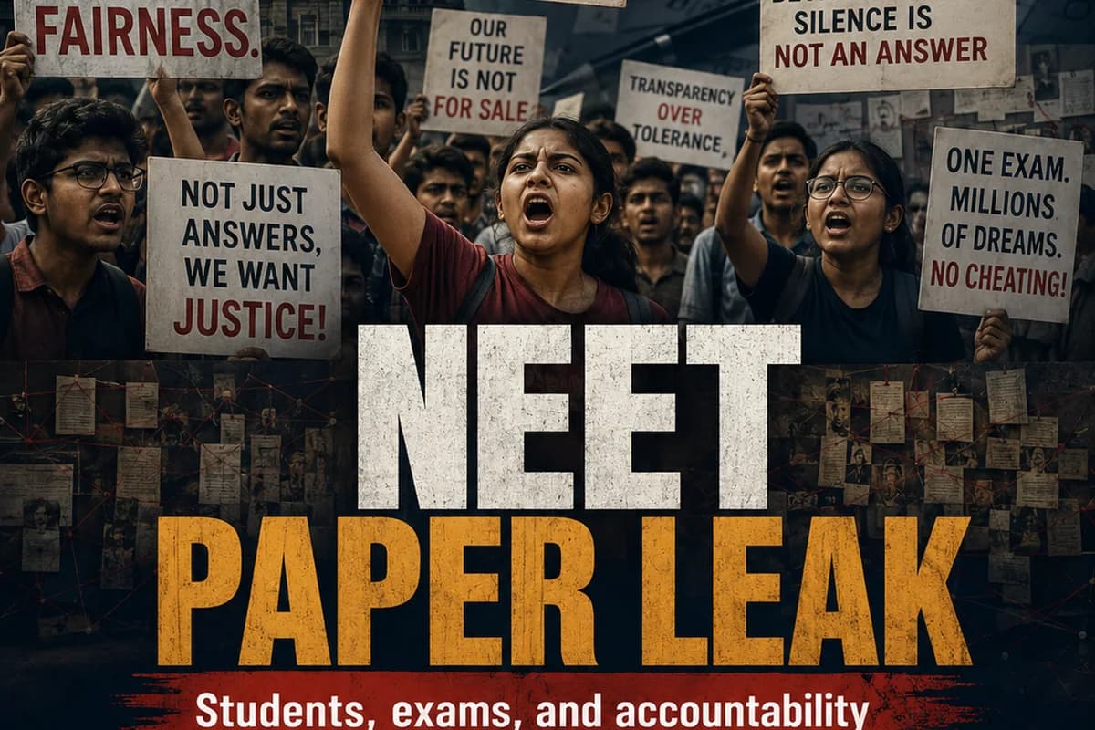 CWI India Unanswered Files visual on NEET paper leak concerns, student protests, and NTA accountability.